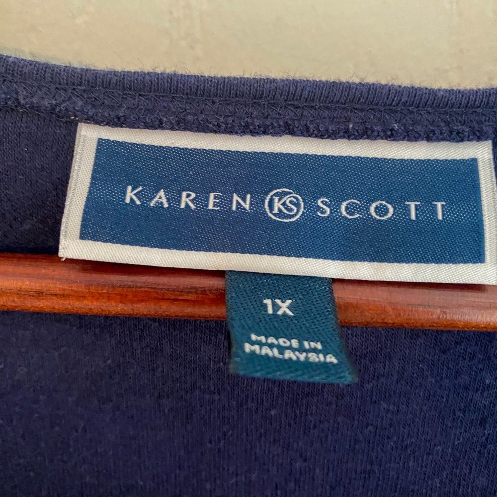 Karen Scott Navy Gold Floral Top 1X 3/4 Sleeve Blouse Plus Size Stretch Top - Picture 4 of 7